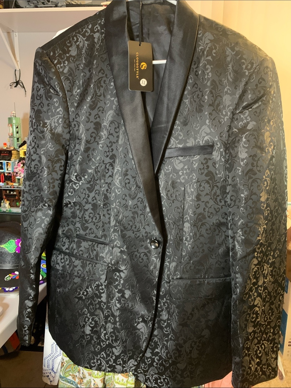 Men's Black Floral Jacquard Shawl Collar Blazer
